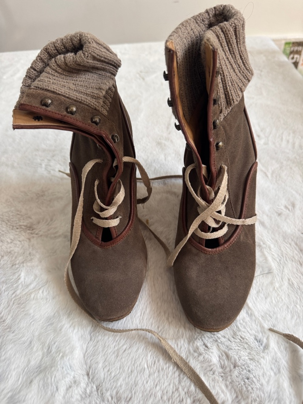 Women’s Brown Lace-Up Ankle Boots with Knit Cuff